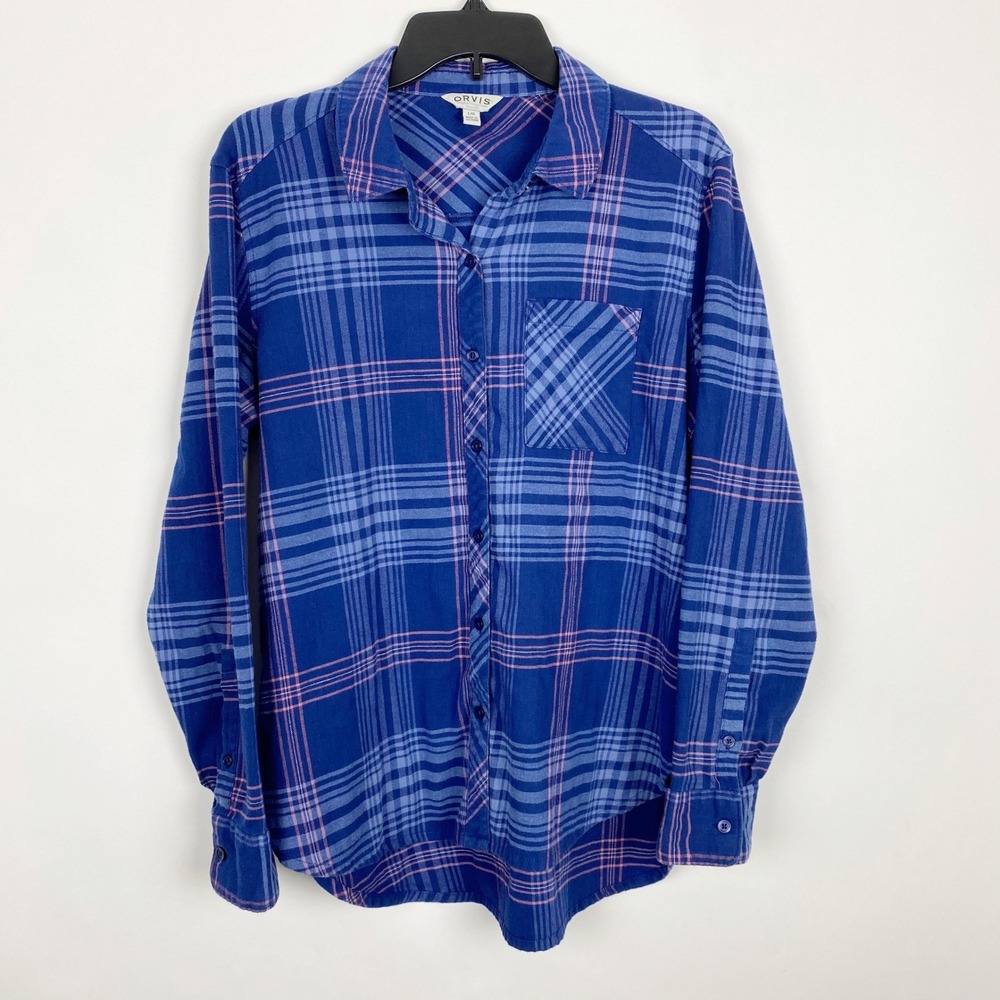 Orvis Classic Collection Plaid Stretch Flannel Button Down Shirt Womens L Blue